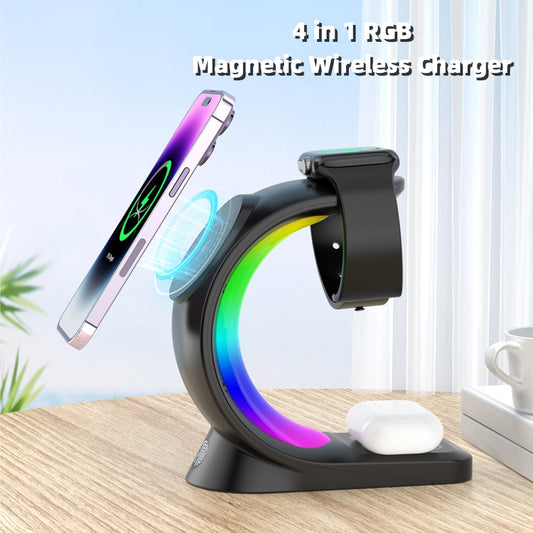 4 in 1 Magnetic Wireless Charger Station with RGB Light – Fast Charging Stand for iPhone, Apple Watch & AirPods🔥