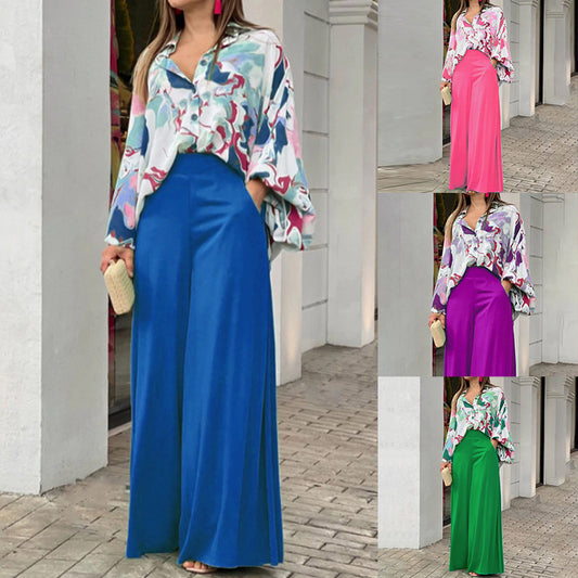 Elegant Flow Two-Piece Set – Floral Blouse & High-Waist Wide-Leg Pants (Summer Fashion Outfit)